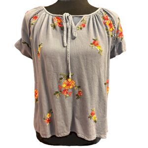 Liv Los Angeles Top L Womens Blue Embroidered Blouse Cottagecore Prairie Beach